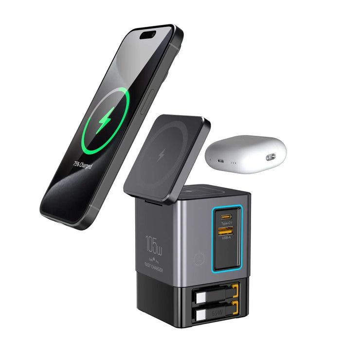 105W Charging Station with retractable USB-C cable, multiple USB ports, and 15W wireless charging for phone and earphones.
