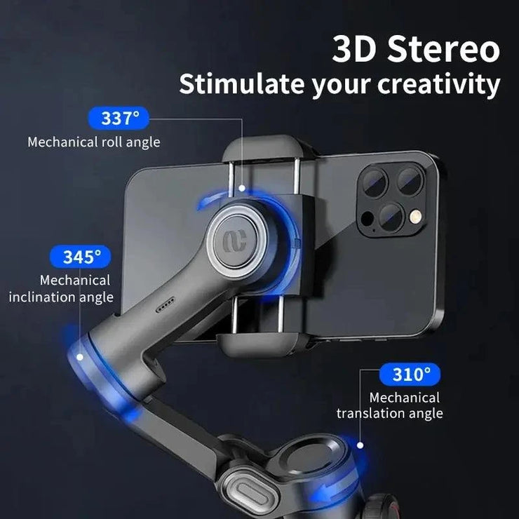 3-Axis handheld gimbal stabilizer for smartphones with 3D mechanical angles and blue LED indicators