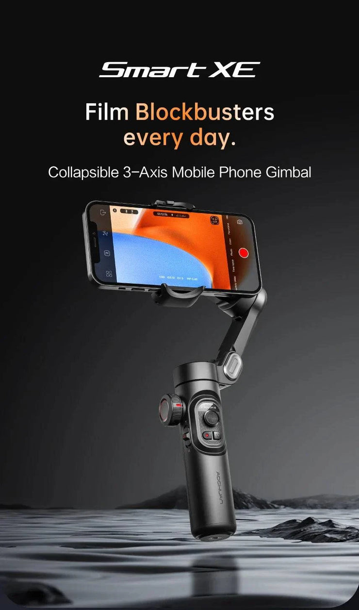 Collapsible 3-axis handheld gimbal stabilizer for smartphones with SmartXE AI face tracking and Bluetooth control.