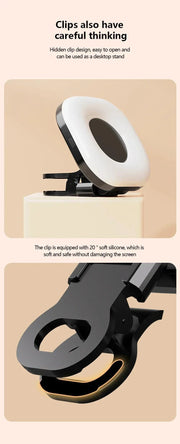 Mini LED smartphone selfie fill light with adjustable brightness and soft silicone clip for damage-free attachment and desktop use