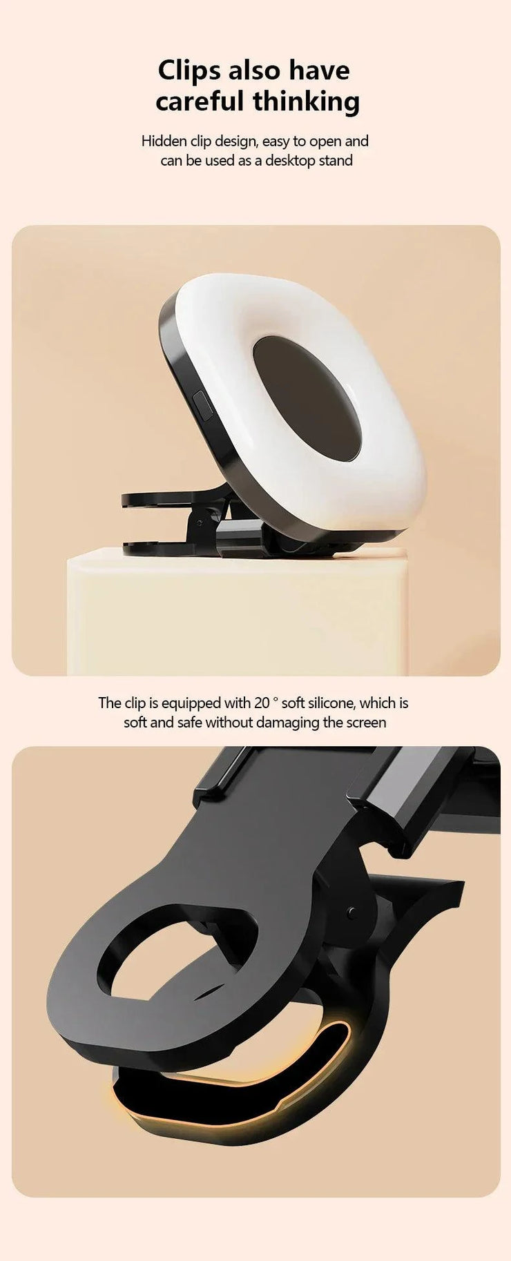 Mini LED smartphone selfie fill light with adjustable brightness and soft silicone clip for damage-free attachment and desktop use