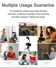 Smartphone vlogging kit with tripod, phone holder, mini microphone, and LED fill light for live streaming and video creation.