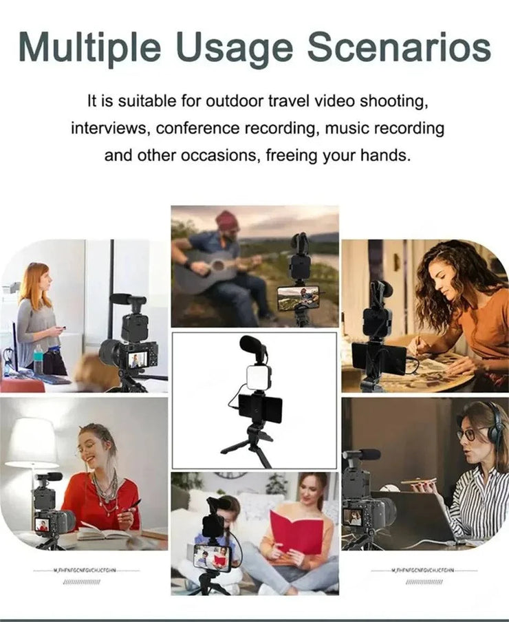 Smartphone vlogging kit with tripod, phone holder, mini microphone, and LED fill light for live streaming and video creation.
