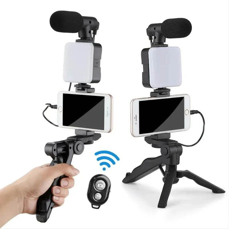 Smartphone vlogging kit with tripod, phone holder, mini microphone, LED fill light, and Bluetooth remote for live streaming and video recording