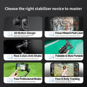 AOCHUAN 3-Axis handheld gimbal stabilizer with all button design, focus wheel, anti-shake, foldable portability, professional modes, and AI face & body tracking for smartphones.