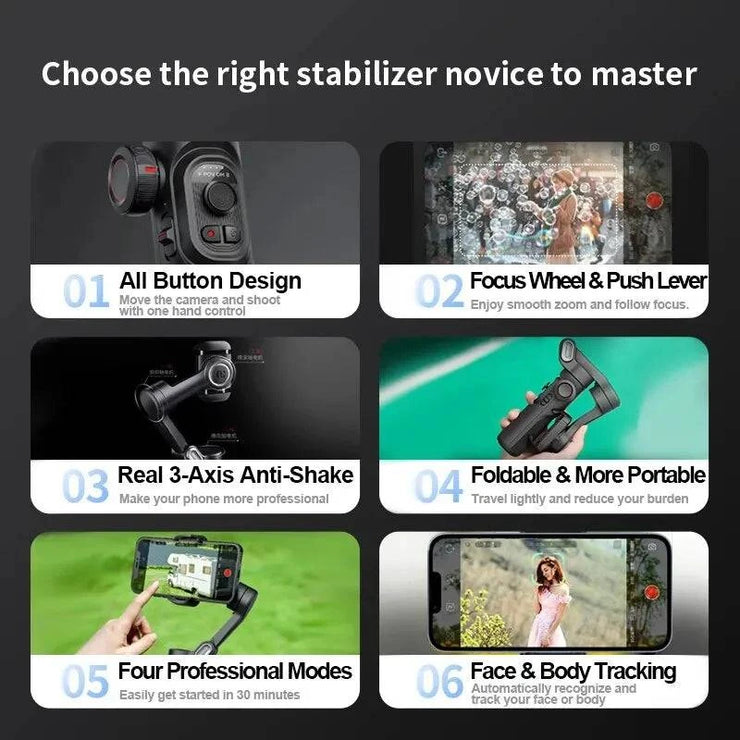 AOCHUAN 3-Axis handheld gimbal stabilizer with all button design, focus wheel, anti-shake, foldable portability, professional modes, and AI face & body tracking for smartphones.