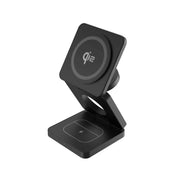 Black foldable Qi2 magnetic wireless charger 3-in-1 station for iPhone, Apple Watch, and AirPods with fast charging.