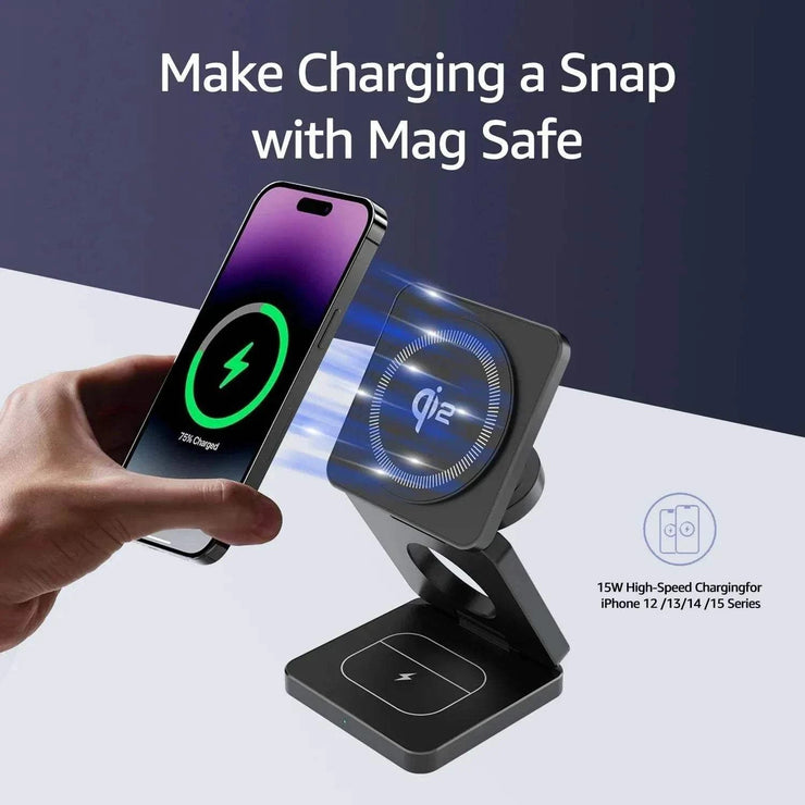 Foldable 3-in-1 magnetic wireless charger for iPhone 16 15 14 13 Pro Max, AirPods, and Apple Watch with fast 15W charging station