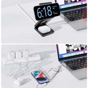 Foldable 3-in-1 magnetic wireless charger station for iPhone, AirPods, and Apple Watch with fast charging and compact design.