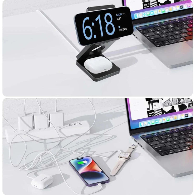 Foldable 3-in-1 magnetic wireless charger station for iPhone, AirPods, and Apple Watch with fast charging and compact design.