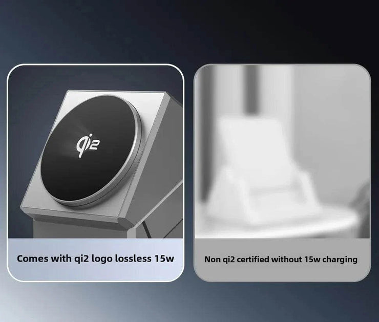 Grey multifunctional smartwatch charger with Qi2 logo, 15W fast charging, foldable design, magnetic wireless charging, and Type-C connector for multiple devices.