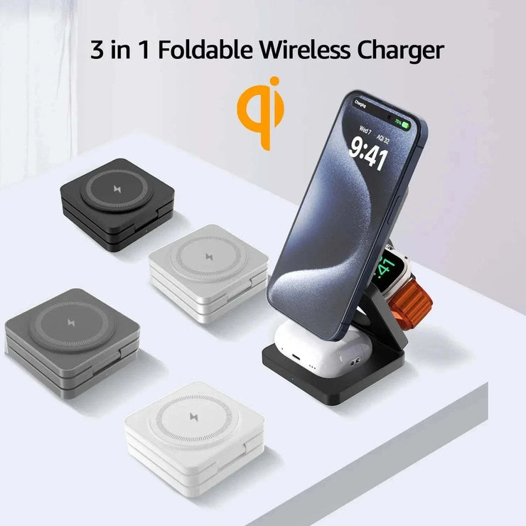 Foldable 3 in 1 magnetic wireless charger station compatible with iPhone, AirPods, and Apple Watch with fast charging capability
