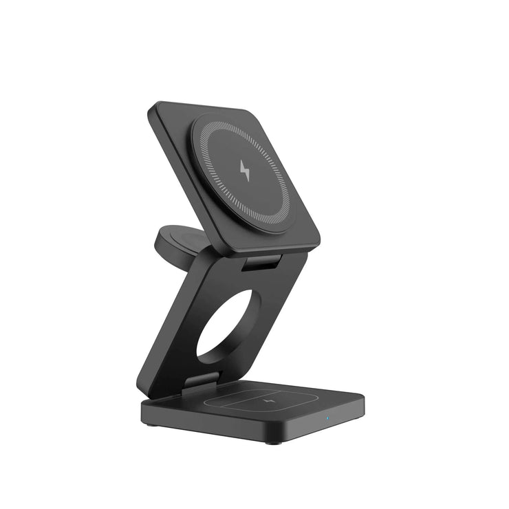 Foldable 3-in-1 magnetic wireless charger station for iPhone, AirPods, and Apple Watch with fast 15W charging.