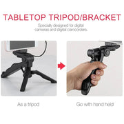 Smartphone vlogging kit showing a tabletop tripod that converts into a handheld bracket for digital cameras and camcorders