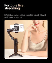 3-axis handheld gimbal stabilizer with tabletop tripod for smartphone live streaming and vlogging.