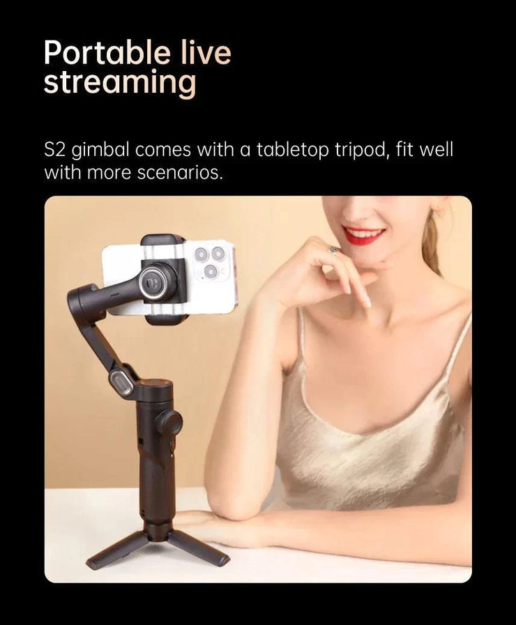 3-axis handheld gimbal stabilizer with tabletop tripod for smartphone live streaming and vlogging.