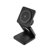 Black foldable magnetic wireless charger stand with Qi2 fast charging for multiple Apple devices