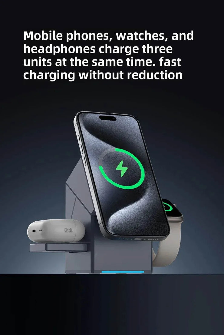 Grey multifunctional smartwatch charger with magnetic wireless charging for phones, smartwatches, and earphones, featuring fast charging and Type C connector