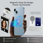 CamBuddyPro™ Magnetic Wireless Selfie Monitor showing magnetic snap-on design with smartphone compatibility and portable design for content creators.