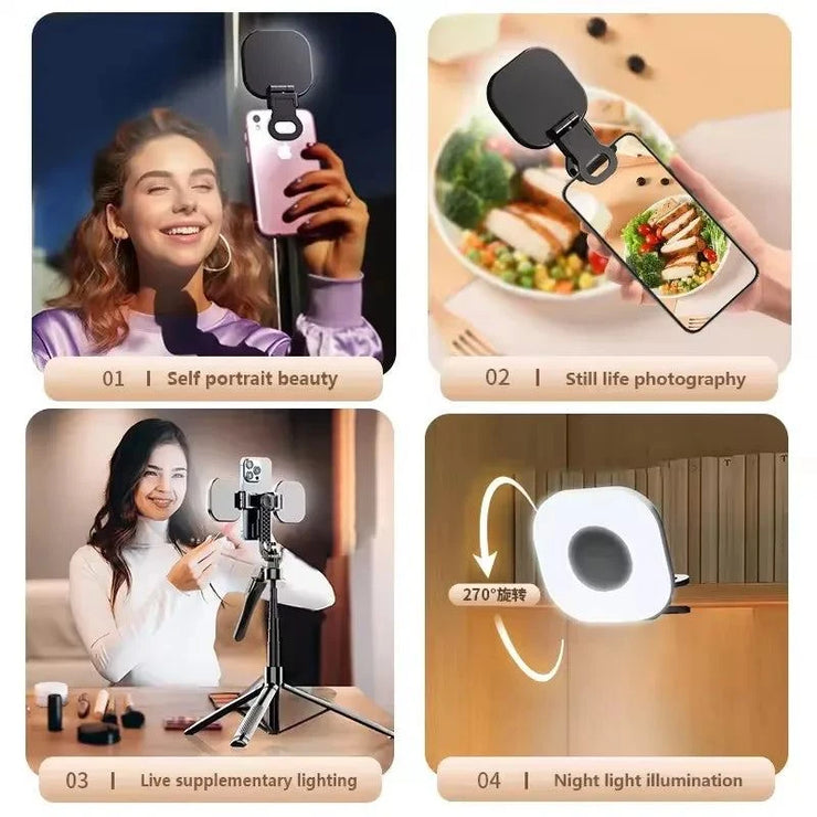 Mini LED smartphone selfie fill light with adjustable brightness and clip-on design for selfies, still life, live lighting, and night illumination.