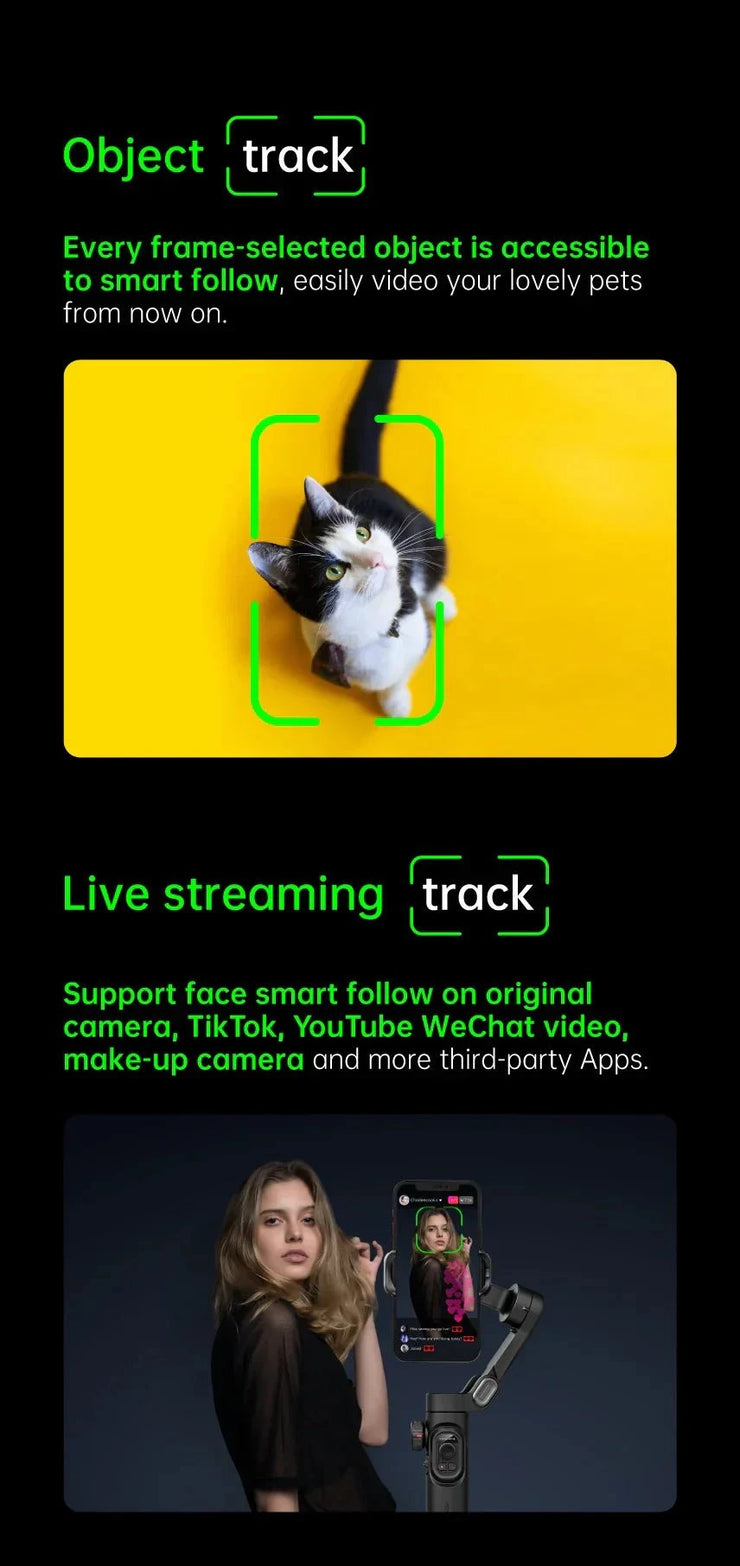 3-axis handheld gimbal stabilizer with AI face tracking for smartphones, ideal for TikTok, vlogging, and live streaming.