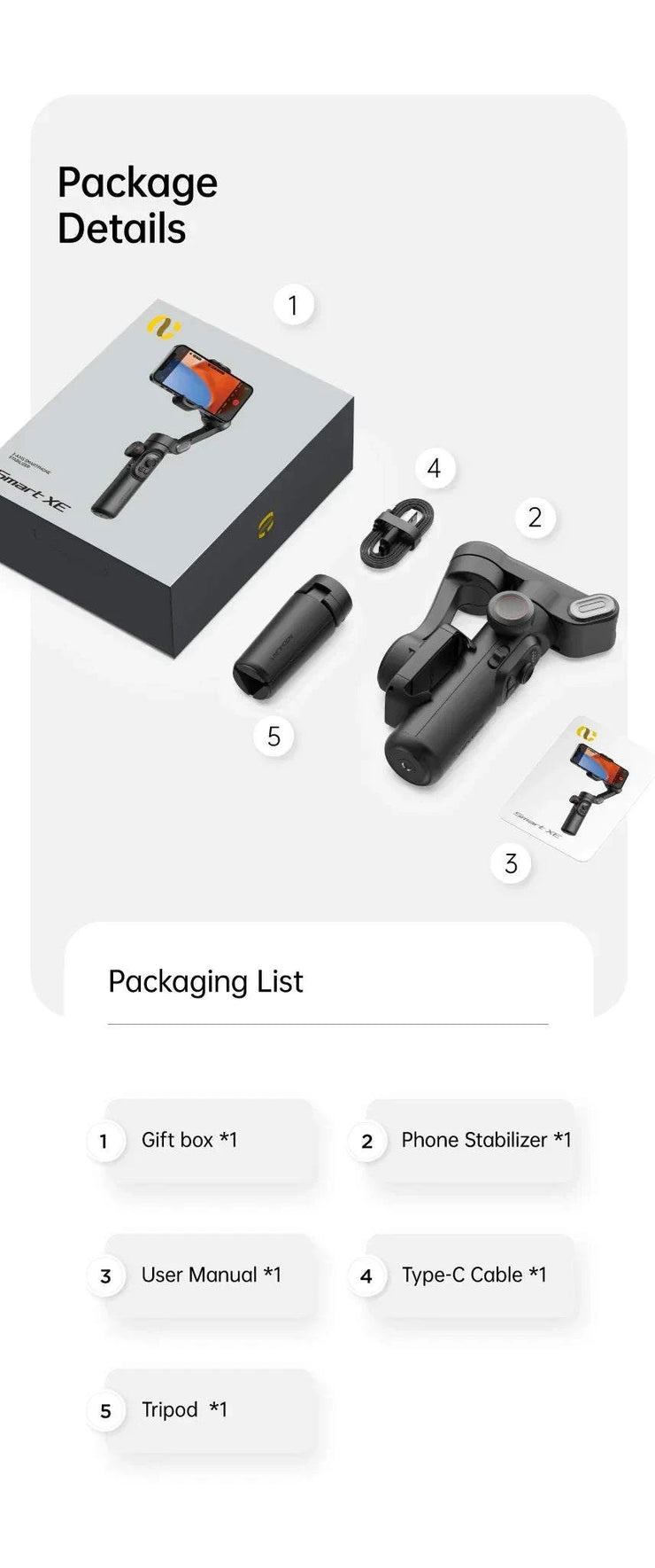 AOCHUAN 3-Axis Handheld Gimbal Stabilizer smartphone kit with tripod, phone stabilizer, user manual, and Type-C cable in gift box