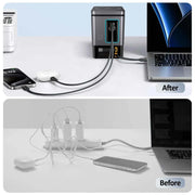 105W charging station with retractable USB-C cable and wireless charging for multiple devices, shown organized vs tangled cables.
