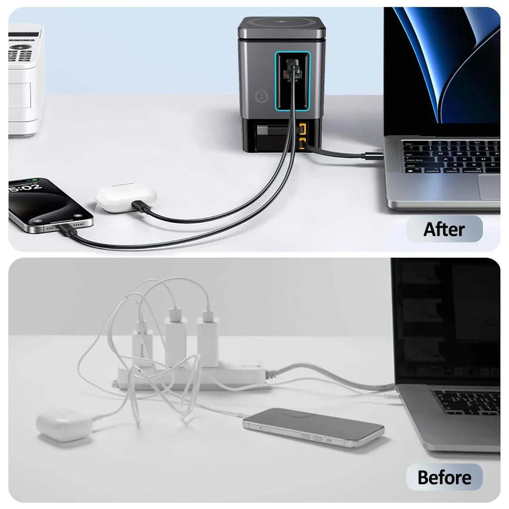 105W charging station with retractable USB-C cable and wireless charging for multiple devices, shown organized vs tangled cables.