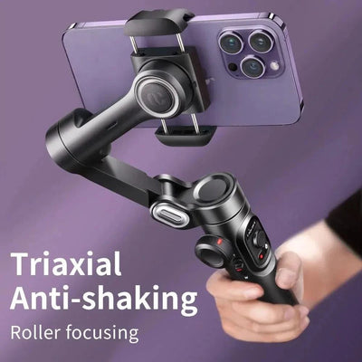 3-axis handheld gimbal stabilizer for smartphone with triaxial anti-shaking and roller focusing, suitable for iPhone and Android, AI face tracking, and vlogging.