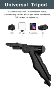 Black universal tripod handle compatible with smartphone vlogging kit accessories including fill light, phone holder, and microphone
