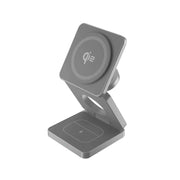 Foldable 3-in-1 magnetic wireless charger stand for iPhone, Apple Watch, and AirPods with fast charging capability