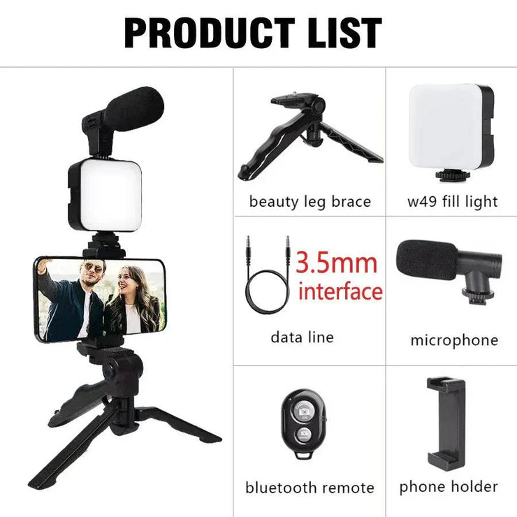 Smartphone vlogging kit with tripod, mini LED fill light, microphone, phone holder, and Bluetooth remote for live streaming and video recording.