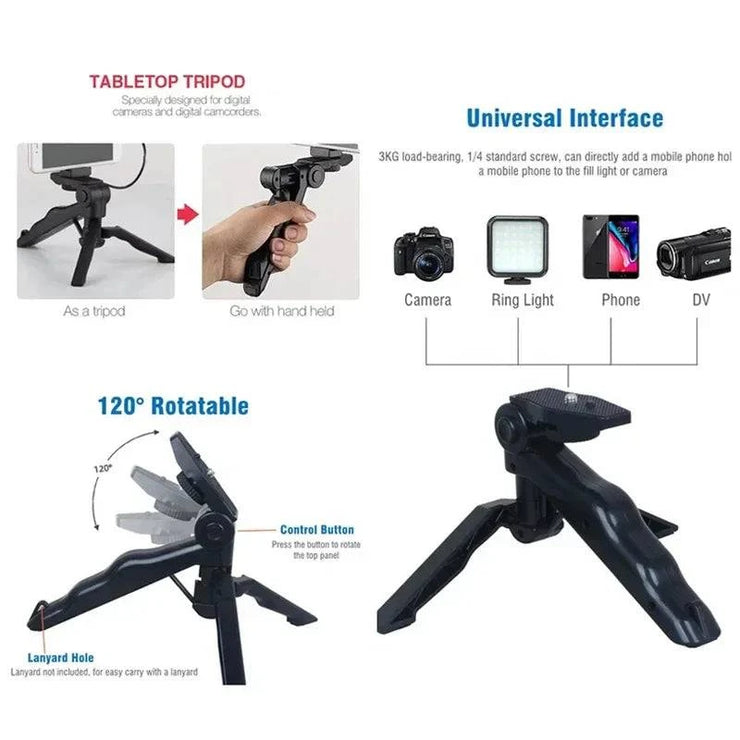 Smartphone vlogging kit with tripod phone holder, mini microphone, LED fill light, and Bluetooth remote for live streaming and video recording.