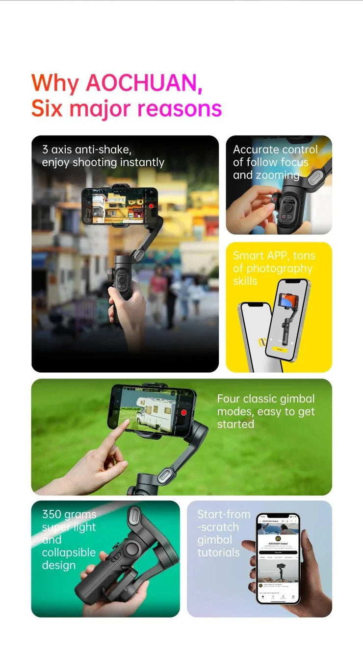 AOCHUAN 3-Axis handheld gimbal stabilizer for smartphones with AI face tracking, Bluetooth control, smart app, and lightweight foldable design for smooth video shooting.