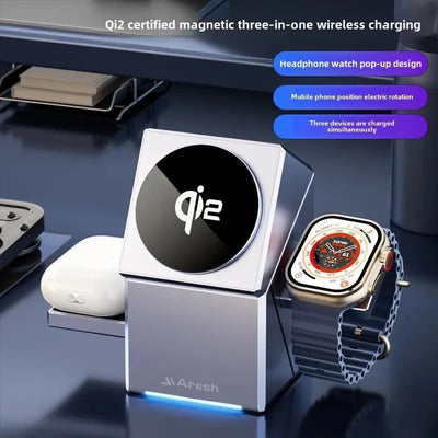 Wireless Fast Charger Qi2 certified magnetic three-in-one wireless smartwatch charger with foldable design, fast charging, and simultaneous charging for phone, smartwatch, and earphones.