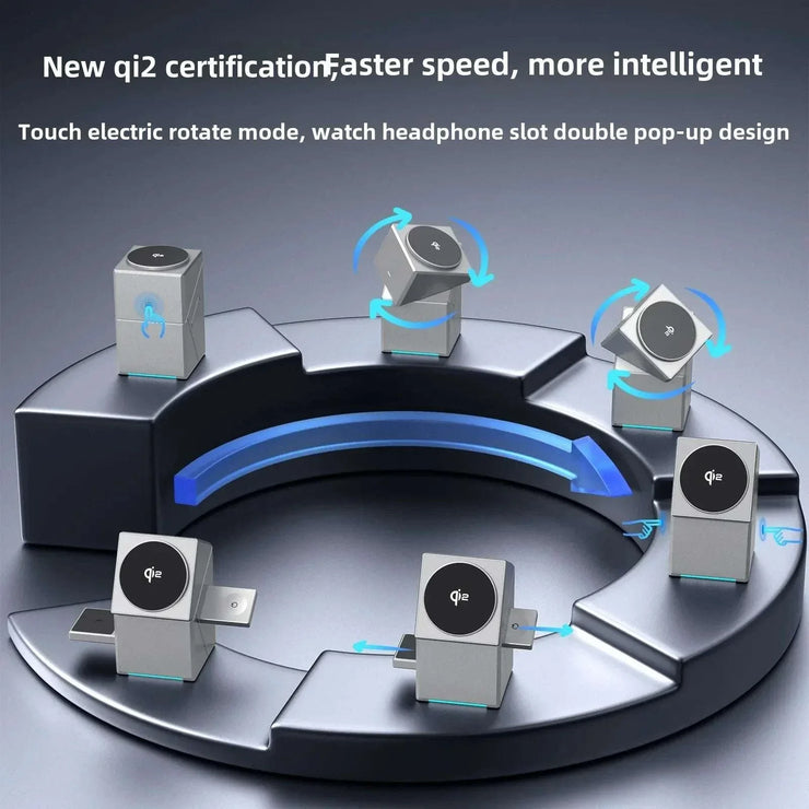 Grey multifunctional smartwatch charger with touch electric rotate mode and magnetic wireless charging features