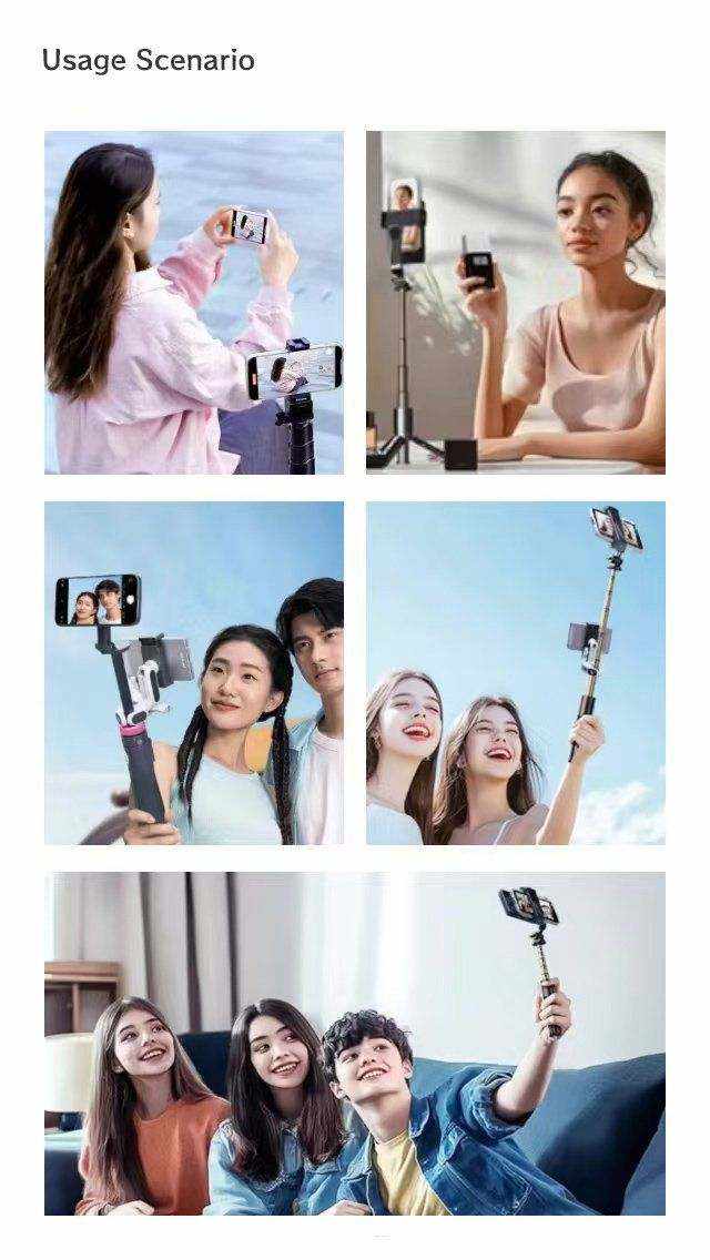 Collage showing diverse users capturing selfies and videos with CamBuddyPro™ wireless selfie monitor attached to smartphones in various outdoor and indoor settings.