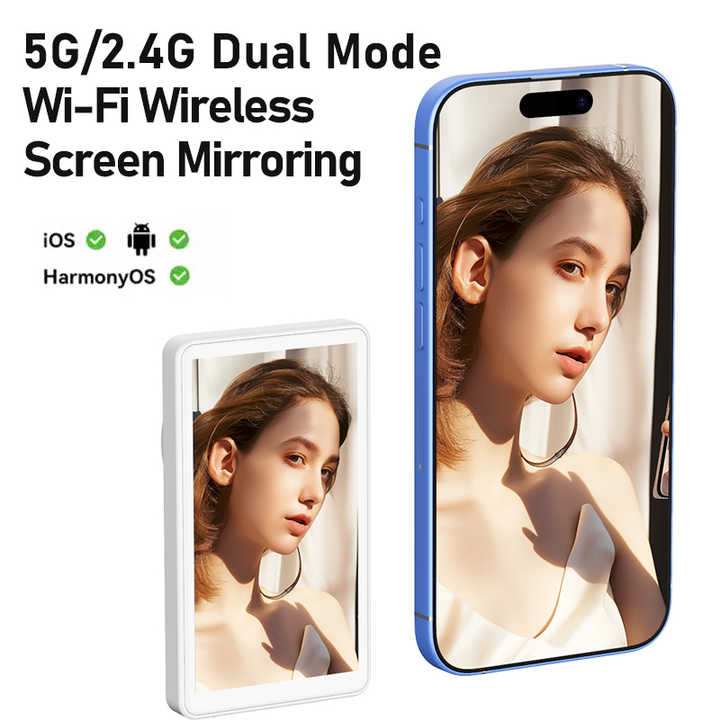 CamBuddyPro™ grey wireless selfie monitor showing real-time rear camera preview on smartphone screen with 5G/2.4G dual mode Wi-Fi mirroring compatible with iOS, Android, and HarmonyOS.