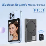 CamBuddyPro™ grey wireless selfie monitor showing real-time rear camera preview on smartphone screen with 5G/2.4G dual mode Wi-Fi mirroring compatible with iOS, Android, and HarmonyOS.
