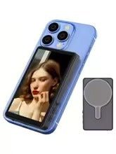 CamBuddyPro™ wireless selfie monitor in grey with magnetic mount displayed next to blue smartphone showing rear camera preview