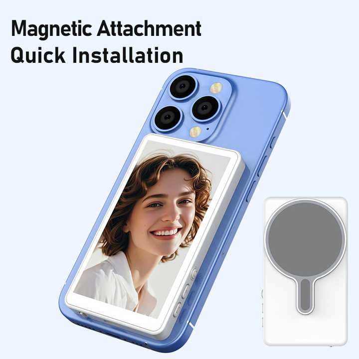 Content creator using a magnetic selfie screen with smartphone on tripod during outdoor shoot